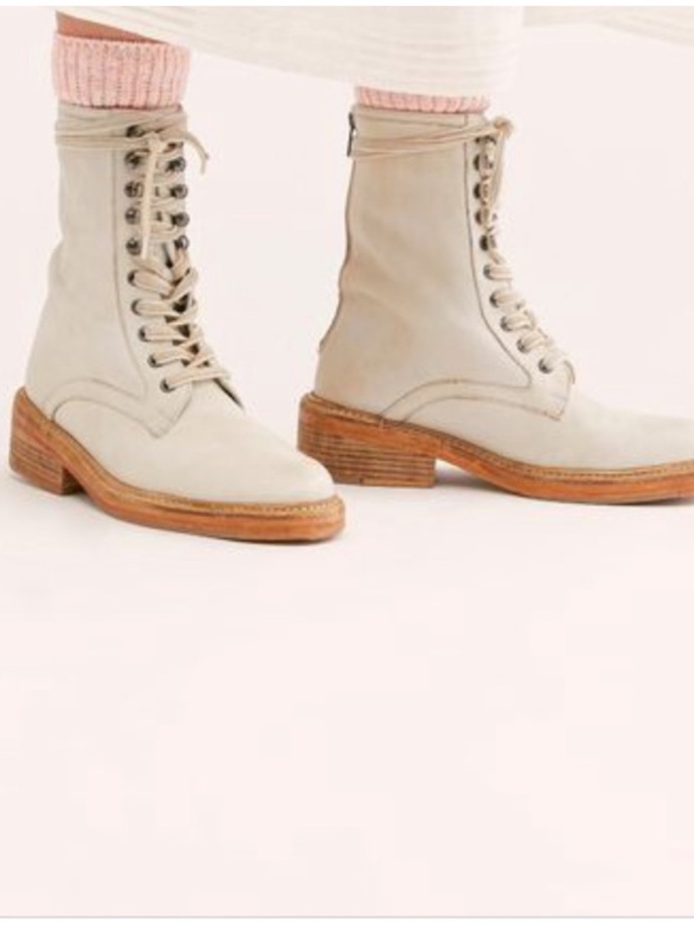 Free People Santa Fe Lace-Up Boots in Ecru with Wood-Effect Sole Size 39